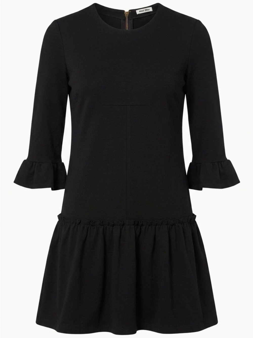 Miu Miu Black Ruffle-Cuff Drop-Waist Mini Dress